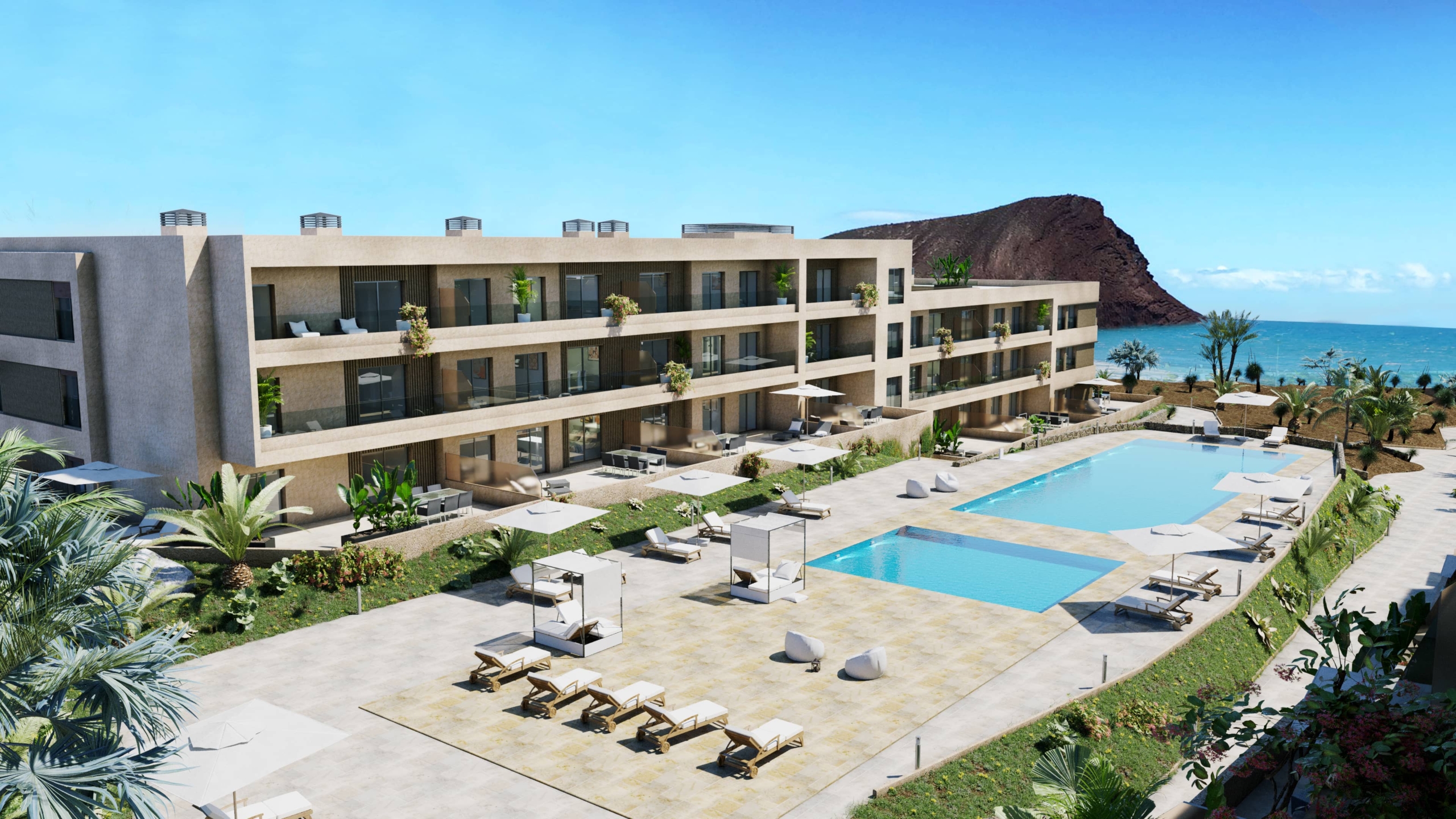 Luxury beachfront apartments at Sotavento Suites near La Tejita beach in Tenerife with ocean views and modern amenities